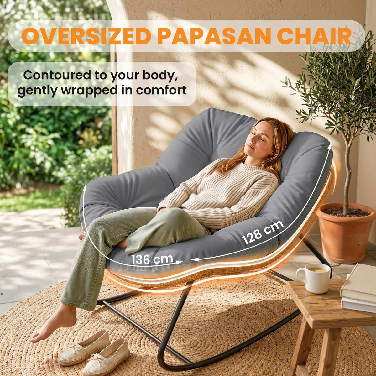 Papasan Rocking Chair, Oversized With Cushion, Grey Outdoor Rocking Chairs at Gallery Canada