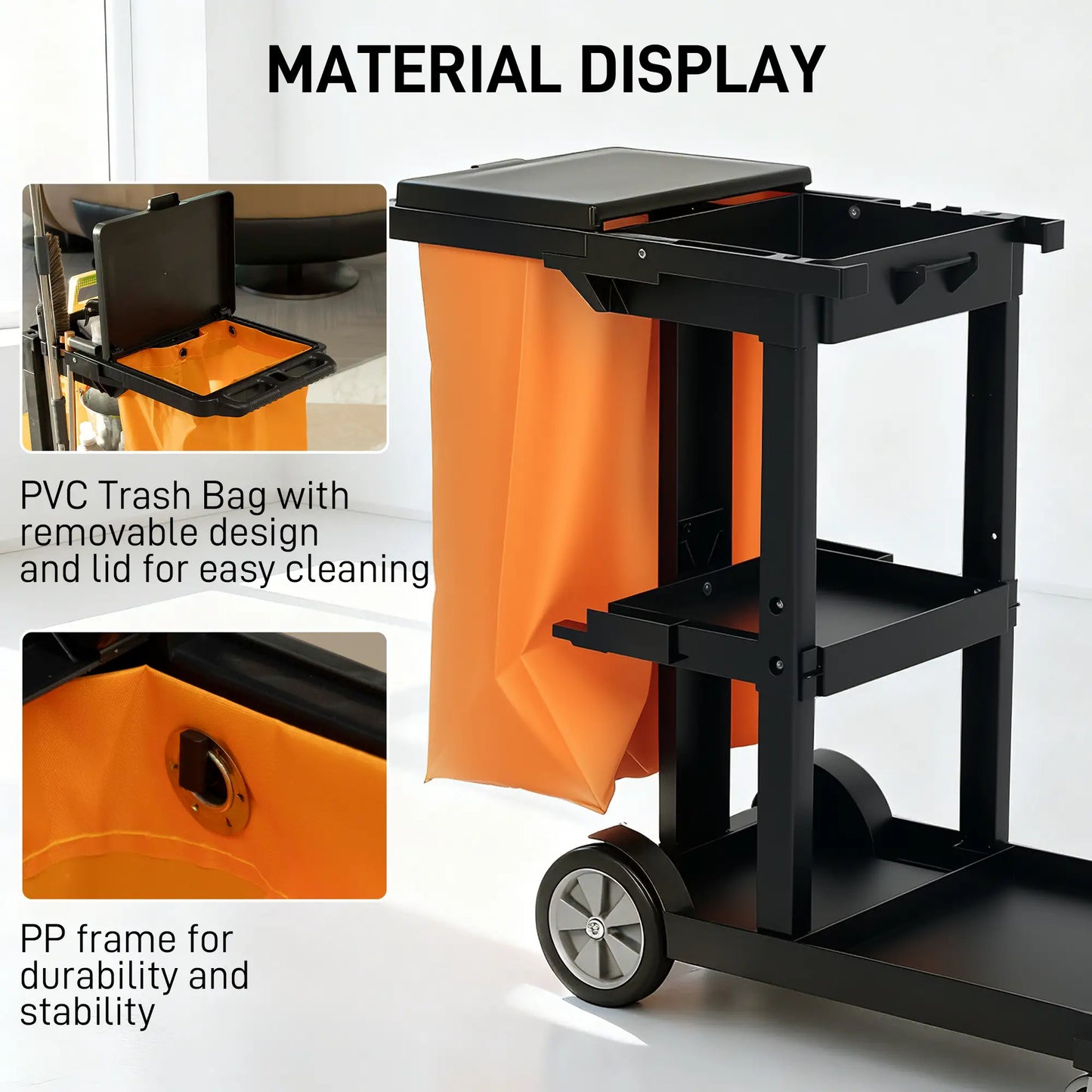 Commercial Janitorial Cart, 3 Tier Shelves, Black Household Supplies at Gallery Canada