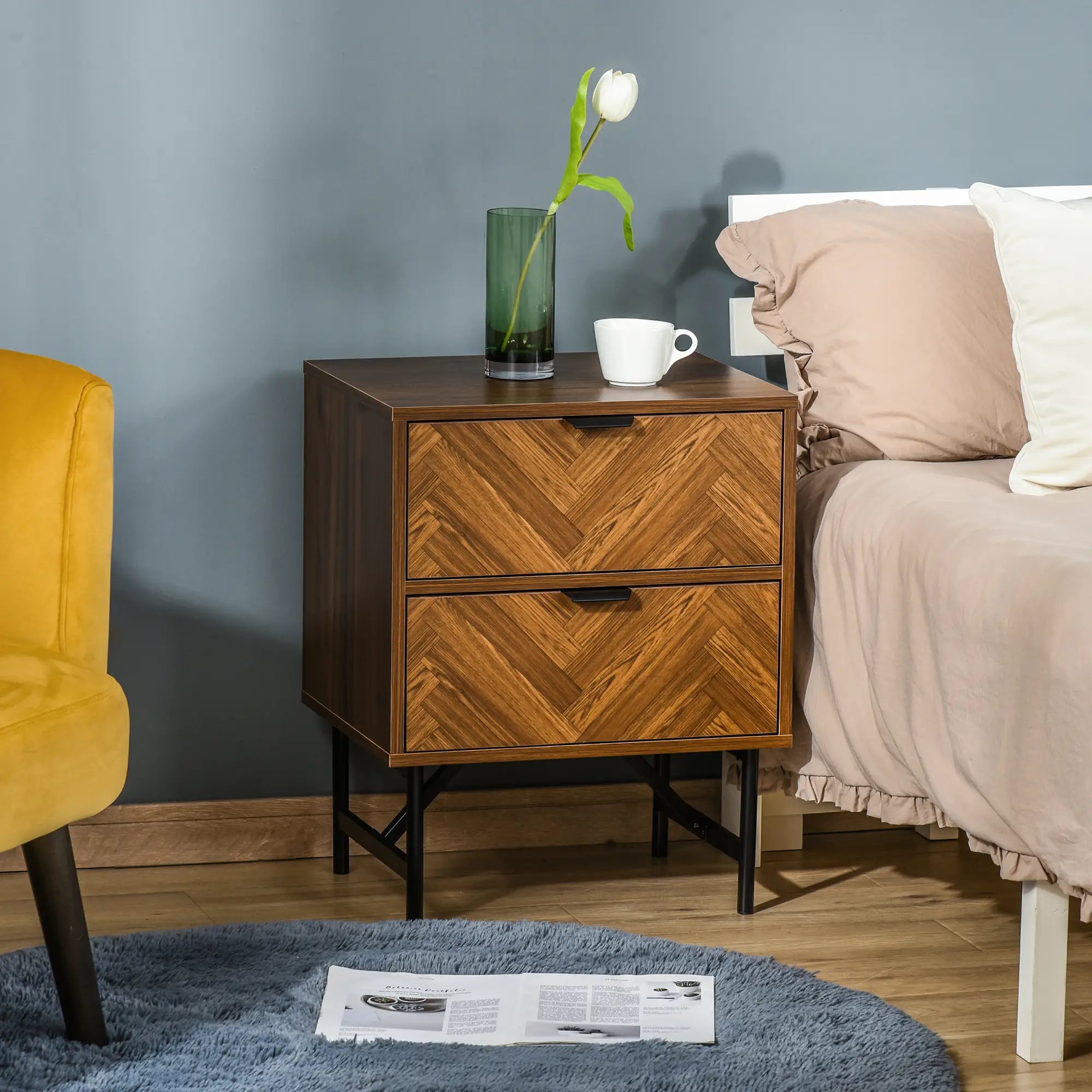 Bedside Table, Nightstand for Bedroom, End Side Table Dresser Storage with 2 Drawers, Walnut Brown Storage Cabinets at Gallery Canada