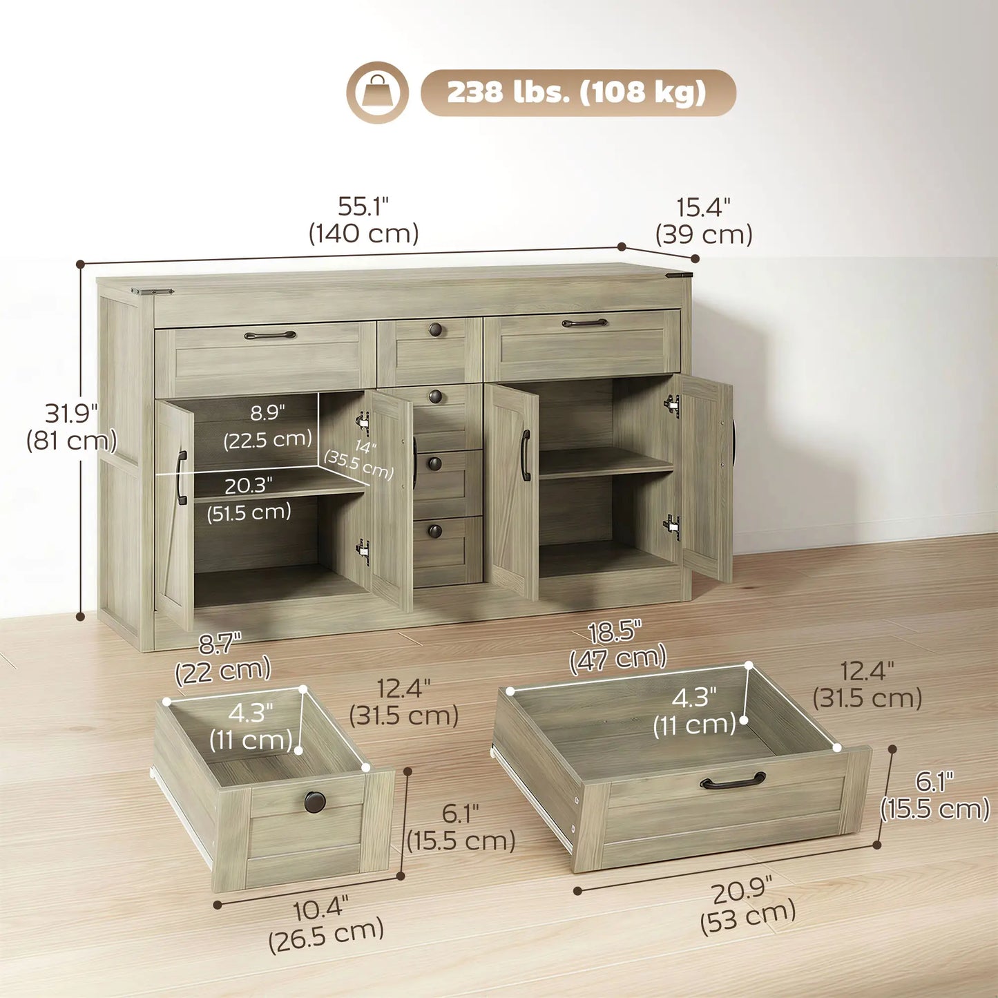 55" Farmhouse Sideboard Buffet Cabinet, 4 Barn Doors, 6 Drawers, Grey Bar Cabinets at Gallery Canada