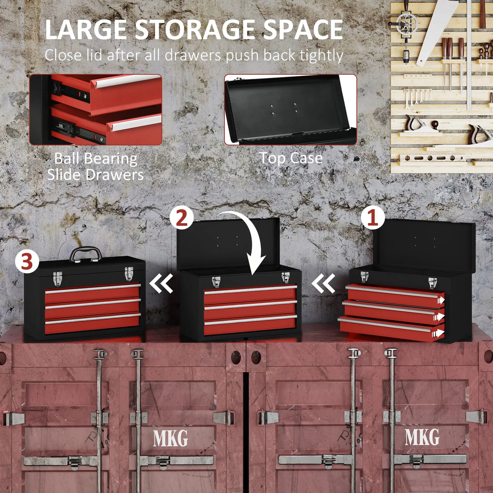20" Portable Metal Tool Box, 3 Drawer Lockable Chest, Red Tool Organizers at Gallery Canada