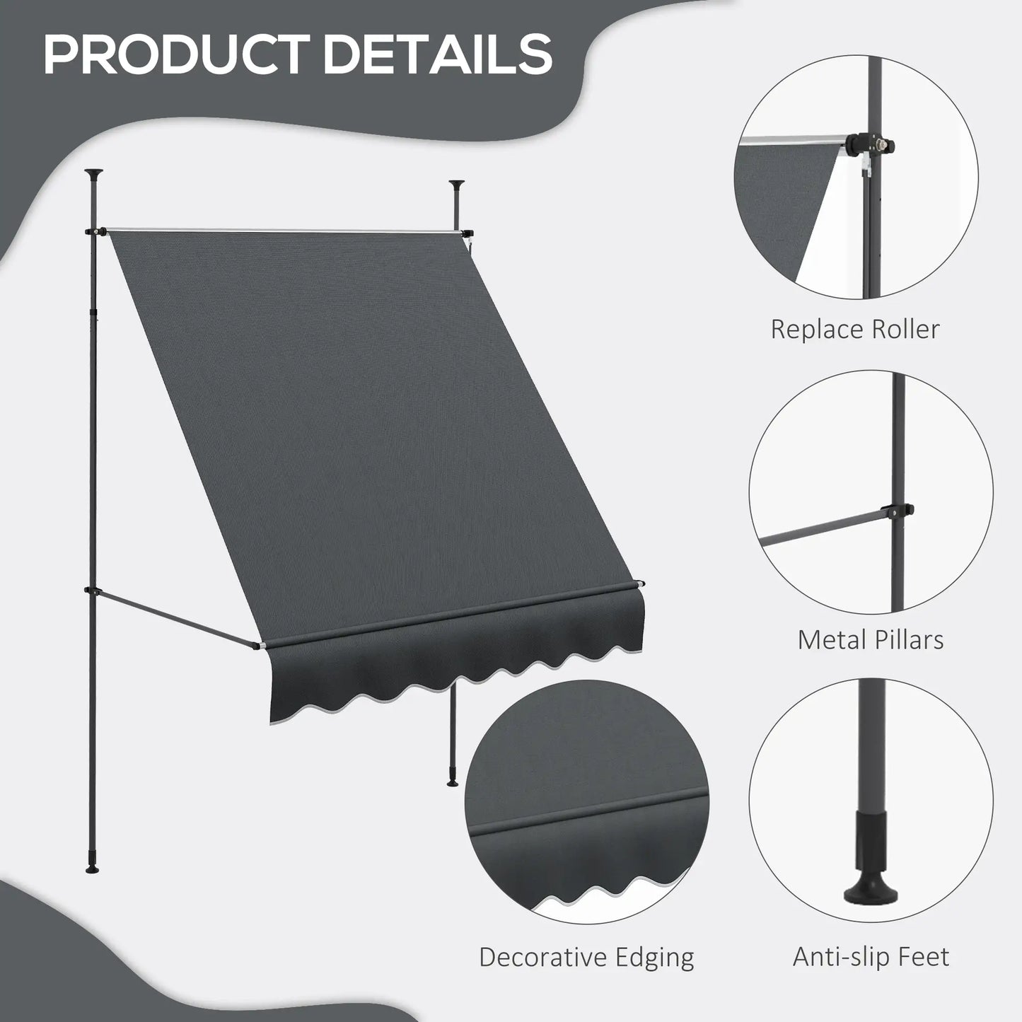 6.5' x 4' Manual Retractable Awning, Freestanding Patio, UV Resistant, Dark Grey Patio Awnings at Gallery Canada