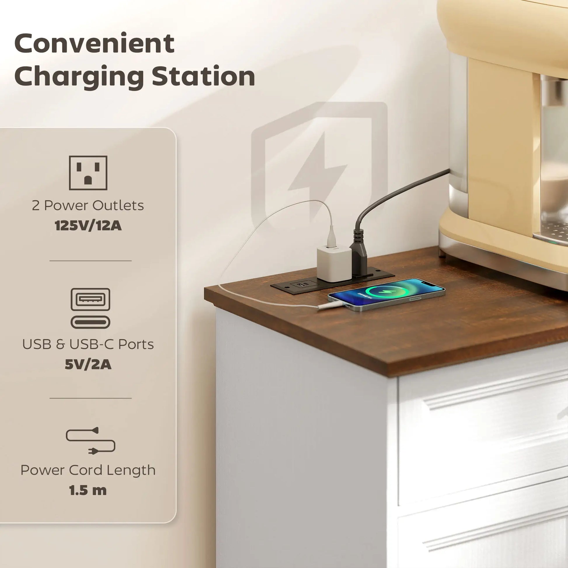55" Buffet Cabinet, White Wood Grain, Charging Station, 2 Drawers, White Bar Cabinets at Gallery Canada