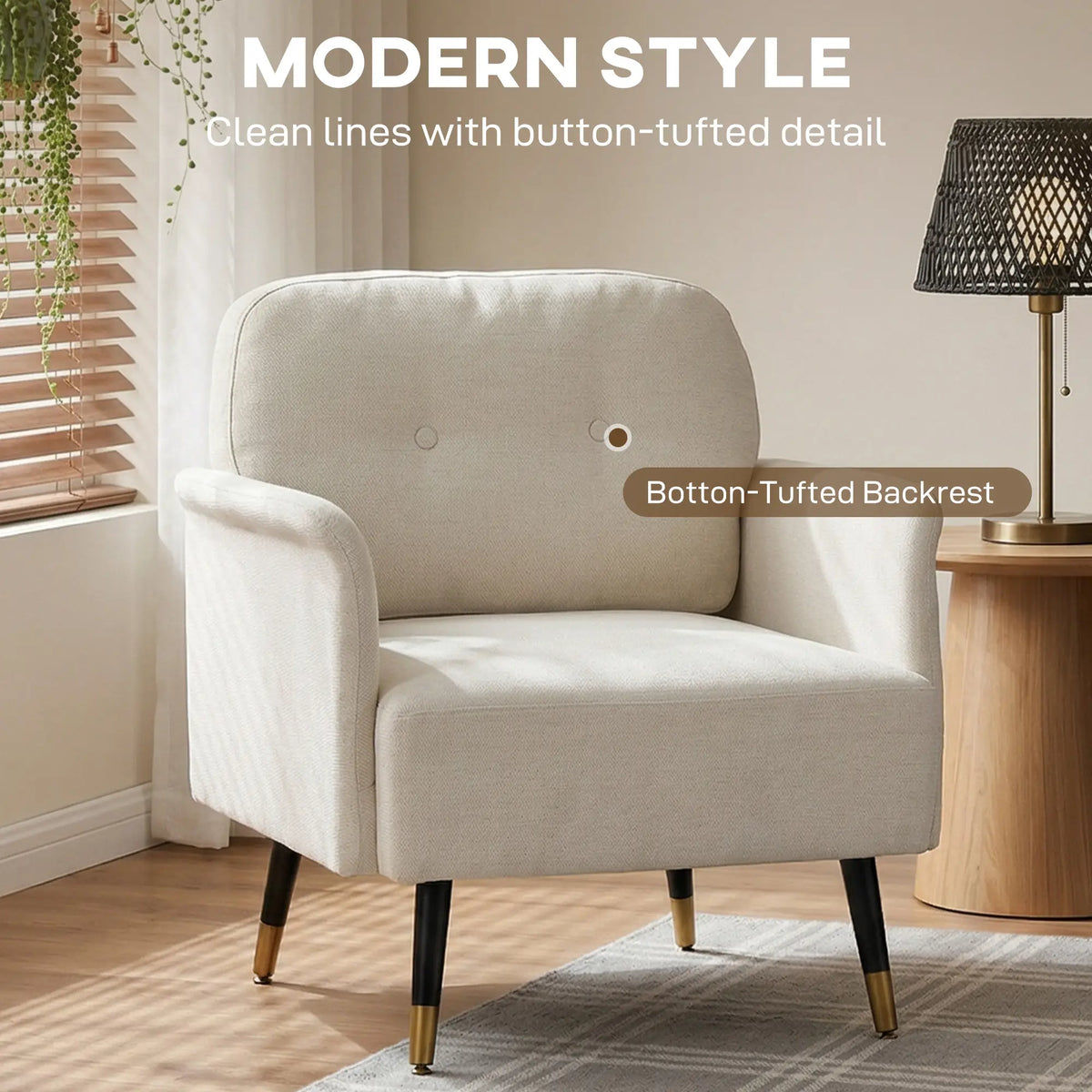 Modern Tufted Accent Chair, Metal Legs, Upholstered Reading Armchair, Cream White Accent Chairs at Gallery Canada