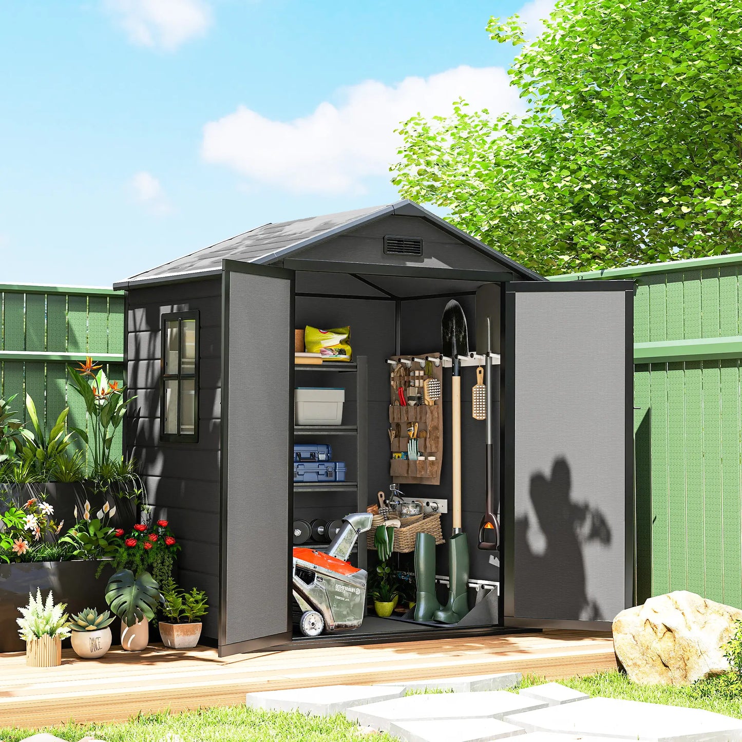 6x4.5FT Plastic Shed, Lockable Garden Tool Storage With Double Doors, Grey Sheds at Gallery Canada