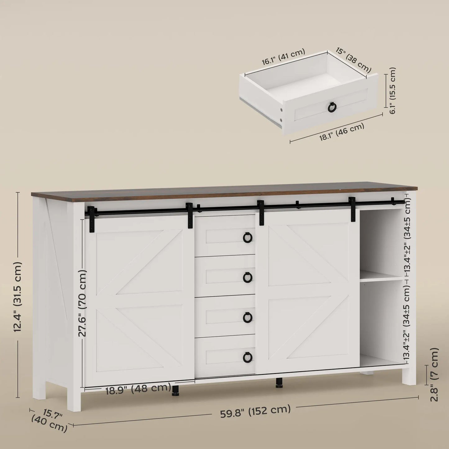 60" Buffet Cabinet, Farmhouse Sideboard, Cream White Bar Cabinets at Gallery Canada