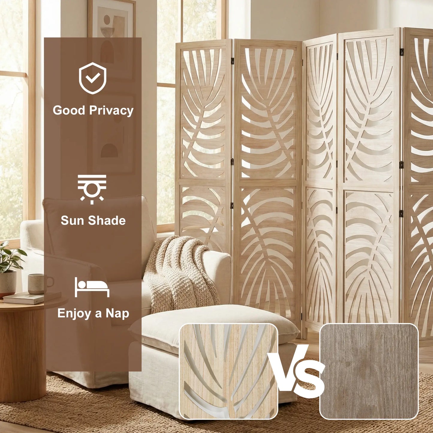 6 Panel Room Divider, Detachable Folding Privacy Screen, Palm Leaf Design, Natural Wood Room Dividers at Gallery Canada