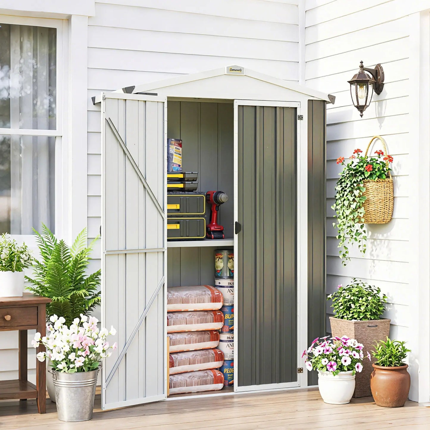 Metal Garden Shed with Shelf, Apex Roof, Light Grey Sheds at Gallery Canada