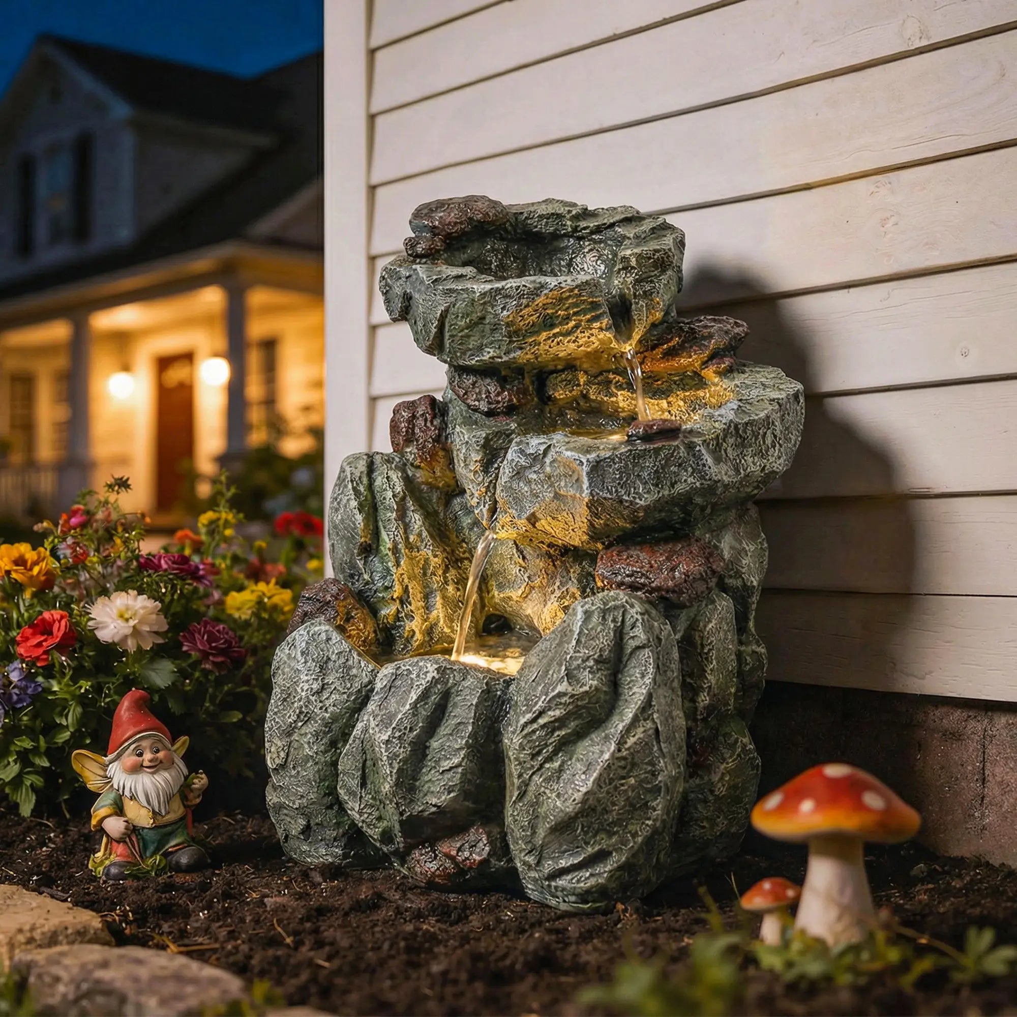 Outdoor Fountain, LED Lights, Adjustable Flow, 3-Tier, Rustic Rock Look, Grey Water Fountains at Gallery Canada