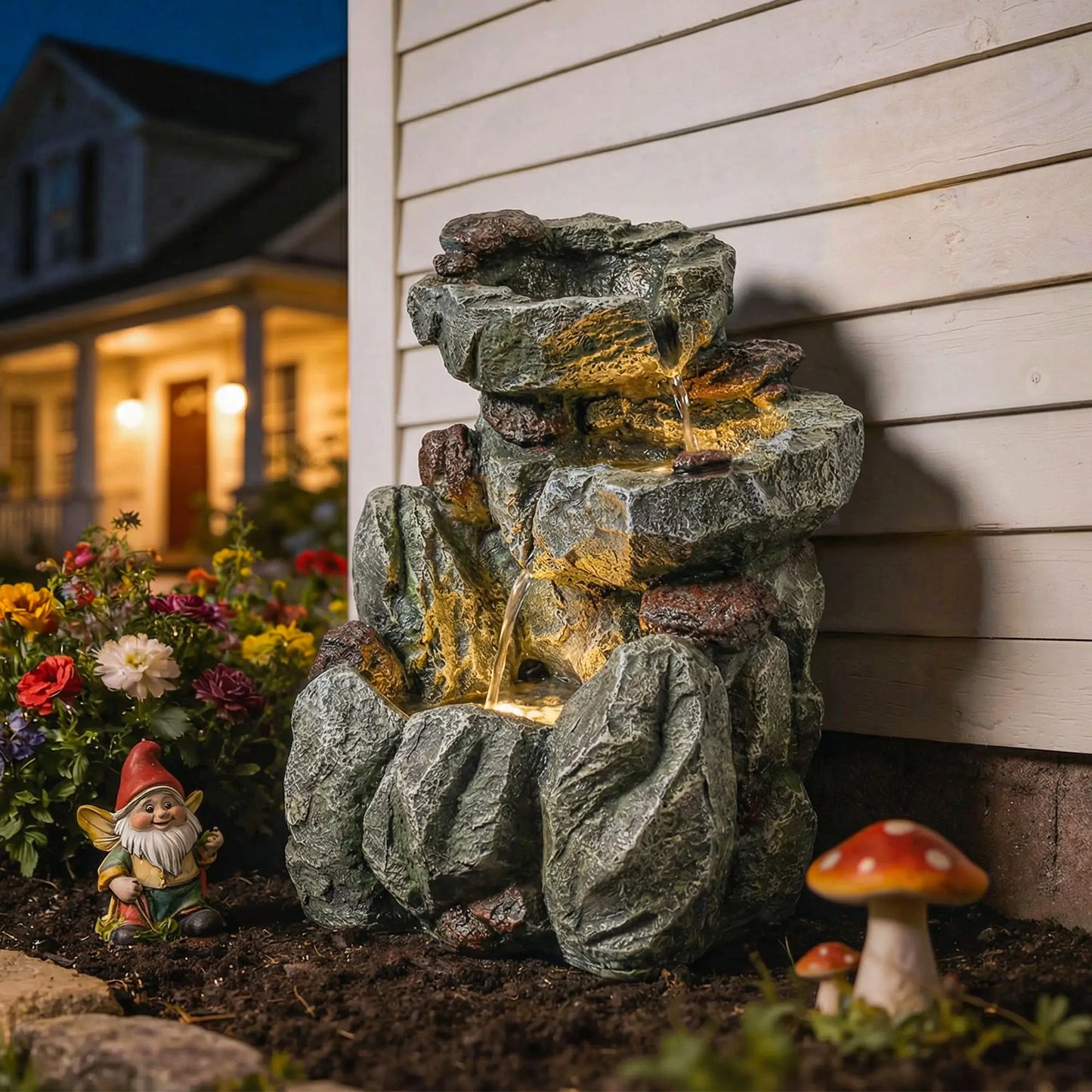 Outdoor Fountain, LED Lights, Adjustable Flow, 3-Tier, Rustic Rock Look, Grey Water Fountains at Gallery Canada