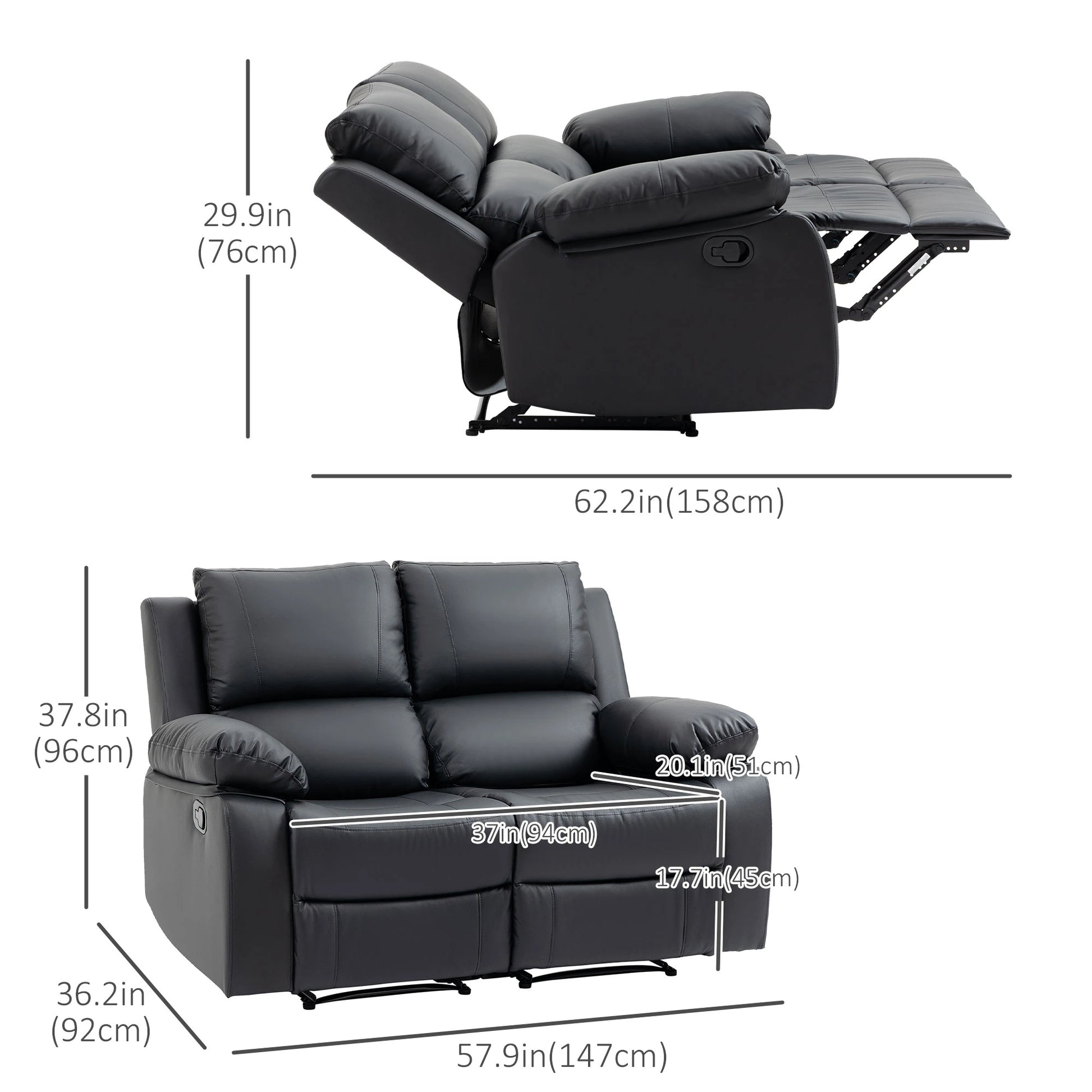 Double Reclining Loveseat, PU Leather Manual Recliner, Black 2-Seater Sofas at Gallery Canada