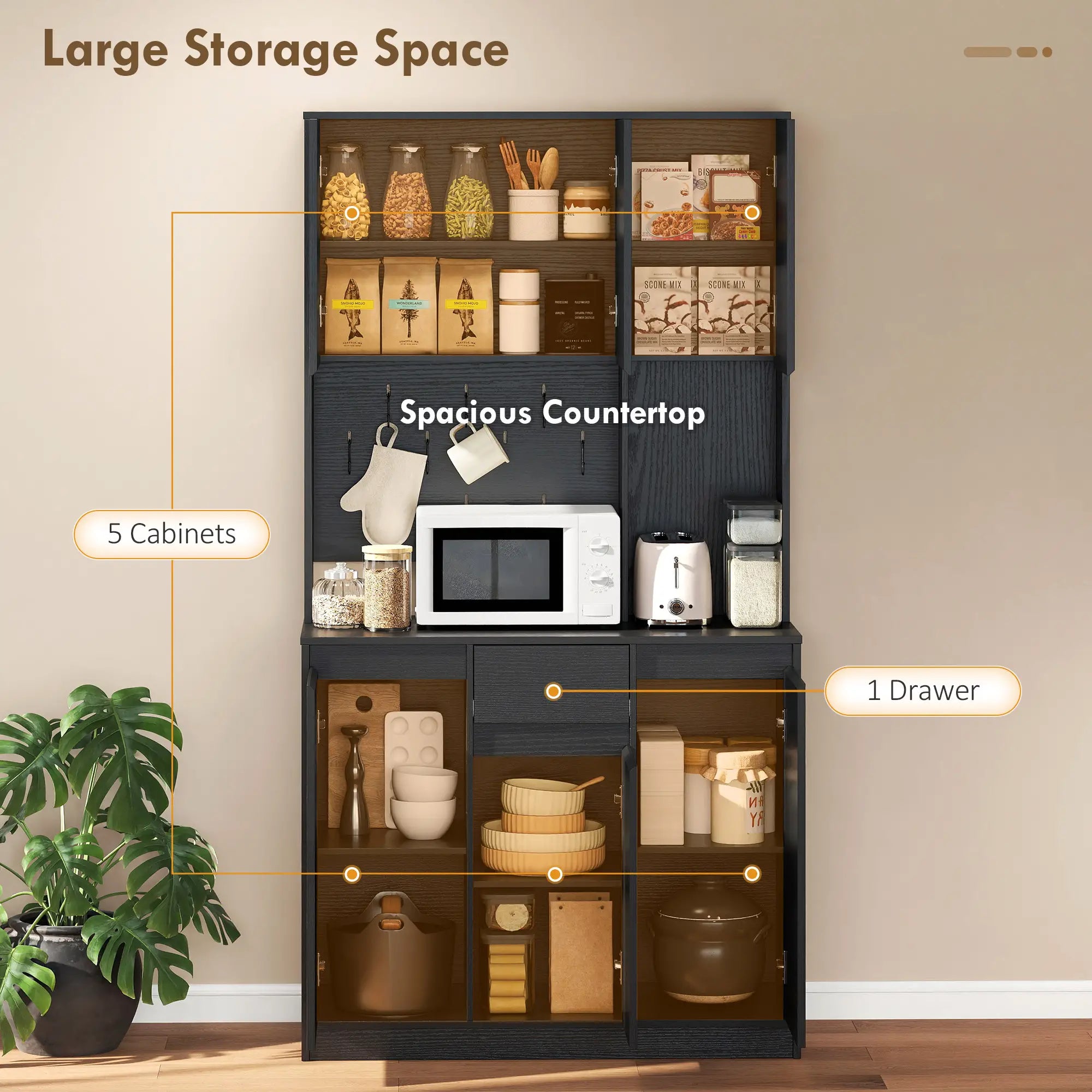 71 Inch Pantry Cabinet with Charging Station, Microwave Stand, Black Kitchen Pantry Cabinets at Gallery Canada