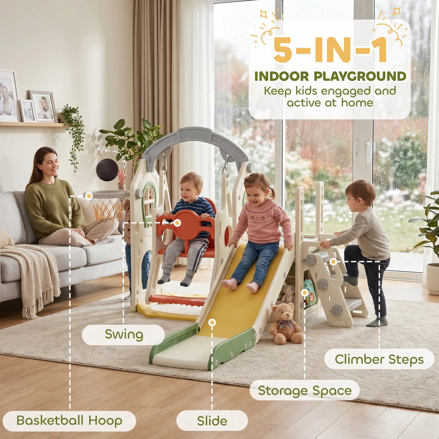 Ensemble de toboggan et balançoire pour tout-petits 5-en-1 avec siège réglable, crème