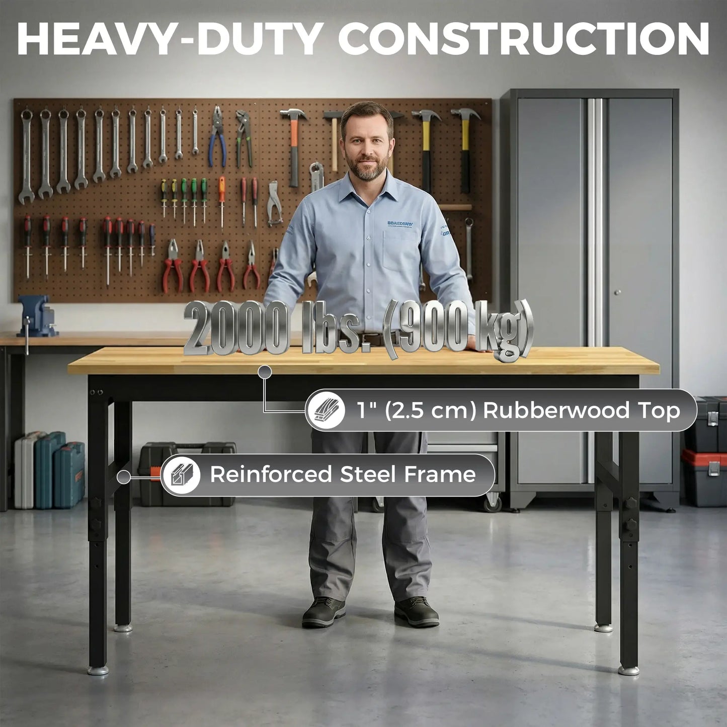 60" Adjustable Workbench, Heavy Duty Work Table with Rubber Wood Top, Power Outlets, Pegboard, 2000 LBS Capacity Tool Organizers at Gallery Canada