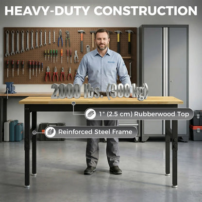 60" Adjustable Workbench, Heavy Duty Work Table with Rubber Wood Top, Power Outlets, Pegboard, 2000 LBS Capacity Tool Organizers at Gallery Canada