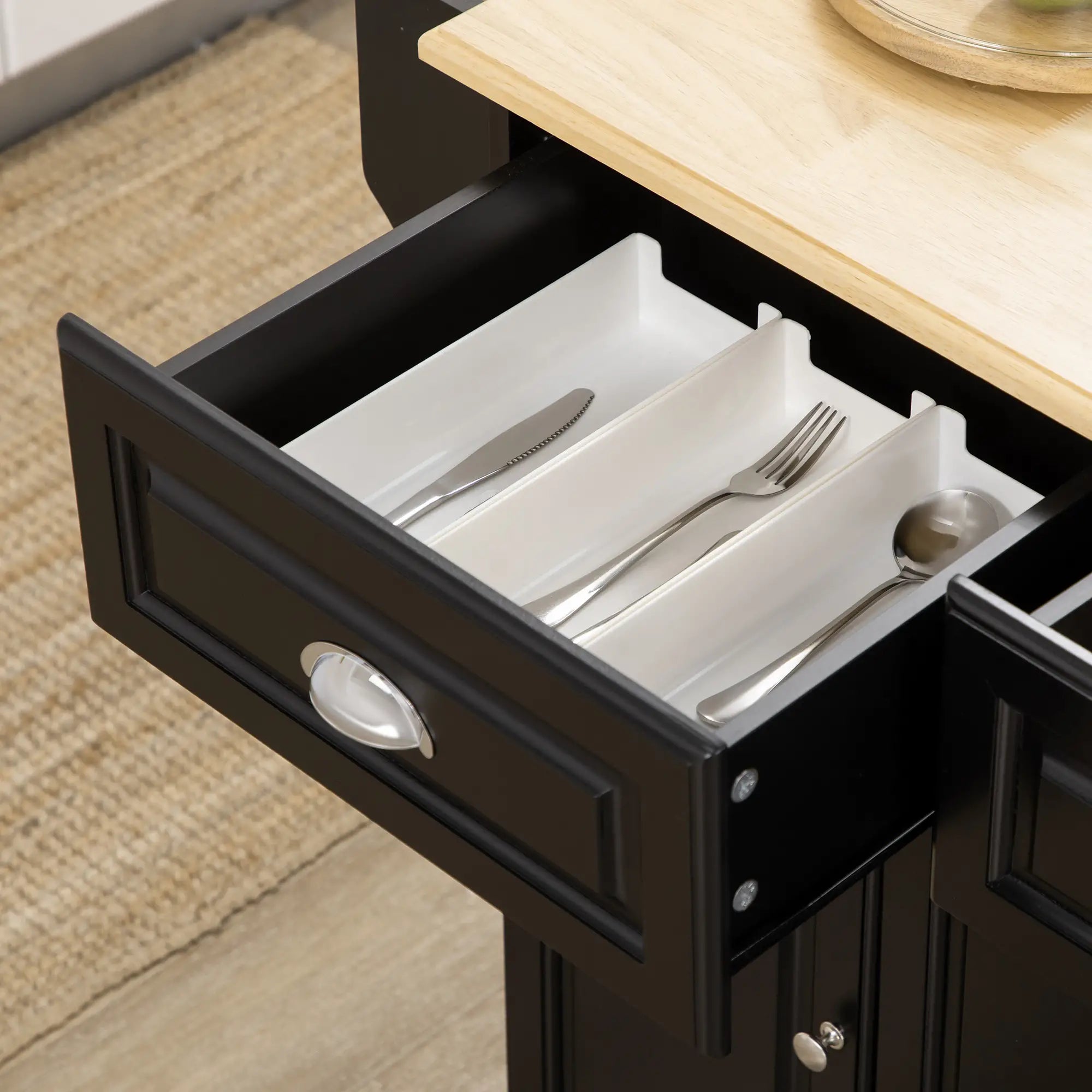Kitchen Island with Storage, Rolling Cart, Rubber Wood Top, Black Kitchen Islands & Kitchen Carts at Gallery Canada