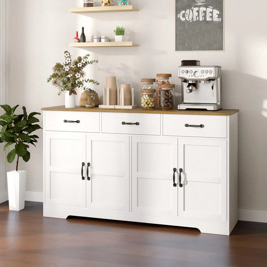 Modern Sideboard Buffet Cabinet, Distressed White, 3 Drawers, Adjustable Shelves, White Bar Cabinets Distressed White at Gallery Canada