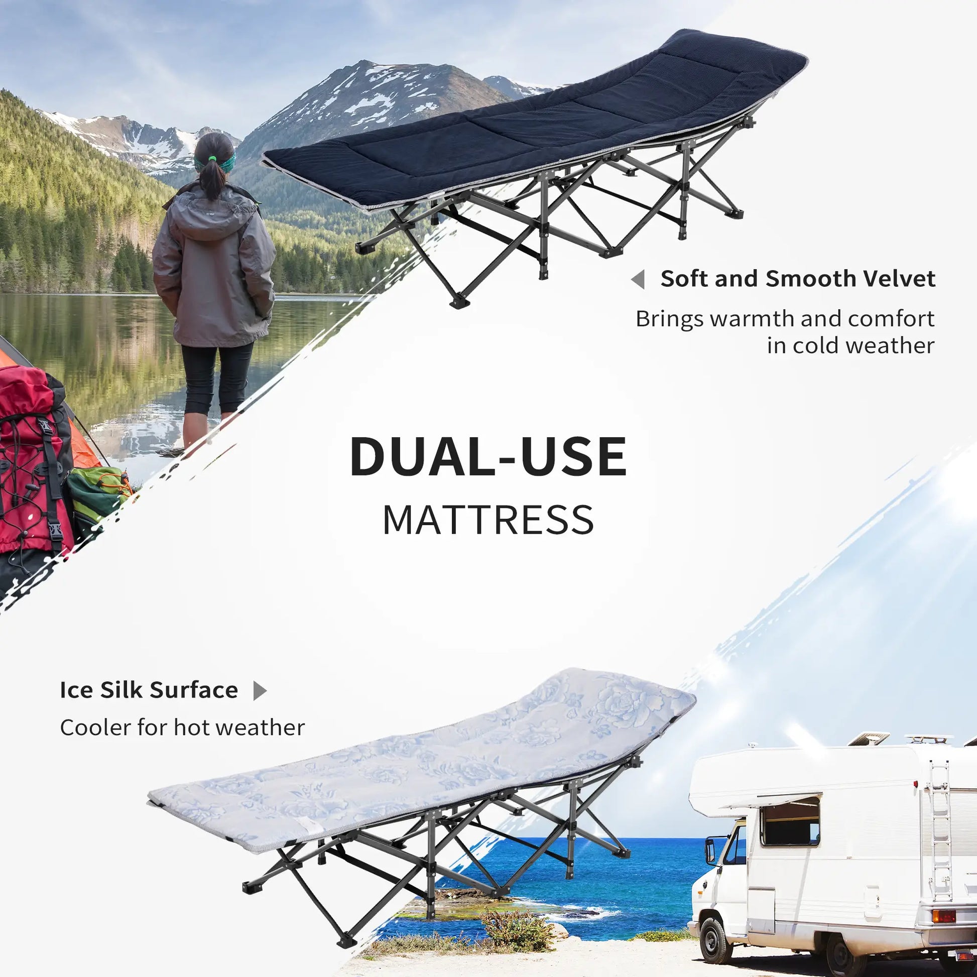 Folding Camping Cot with Mattress, Pillow, Double Layer Oxford, Carry Bag, Grey and Blue, Grey, Blue Camping Cots at Gallery Canada