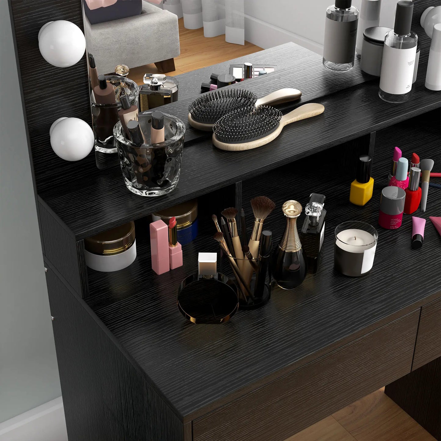 Vanity Table, Makeup Dressing Table with LED Lighting Mirror, Drawers, for Bedroom, Black Dressing & Vanity Tables at Gallery Canada