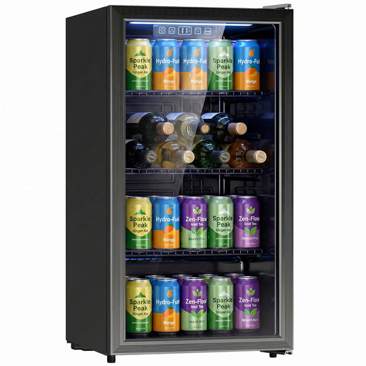 3.2 Cu.Ft Beverage Refrigerator, 139 Can Beverage Fridge Cooler with Double-Layer Glass Door Small Kitchen Appliances Black at Gallery Canada