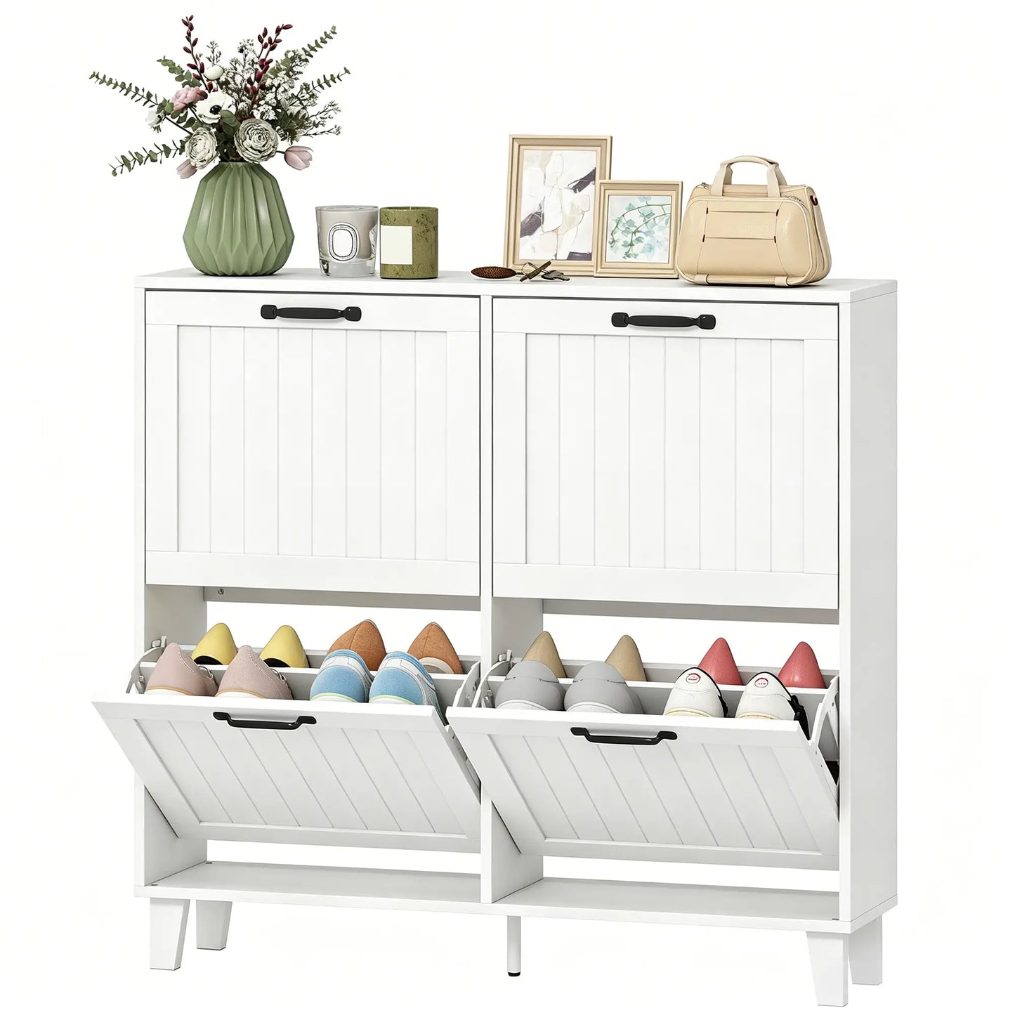 Shoe Cabinet with 4 Flip Drawers, Freestanding Narrow Shoe Storage Cabinet with Adjustable Shelves, Open Back, White