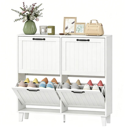 Shoe Cabinet with 4 Flip Drawers, Freestanding Narrow Shoe Storage Cabinet with Adjustable Shelves, Open Back, White