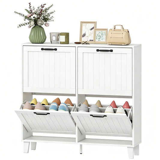 Shoe Cabinet with 4 Flip Drawers, Freestanding Narrow Shoe Storage Cabinet with Adjustable Shelves, Open Back, White Shoe Storage Cabinets & Racks White at Gallery Canada