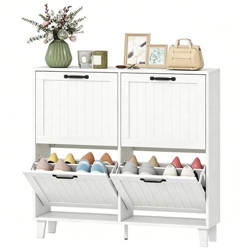 Shoe Cabinet with 4 Flip Drawers, Freestanding Narrow Shoe Storage Cabinet with Adjustable Shelves, Open Back, White