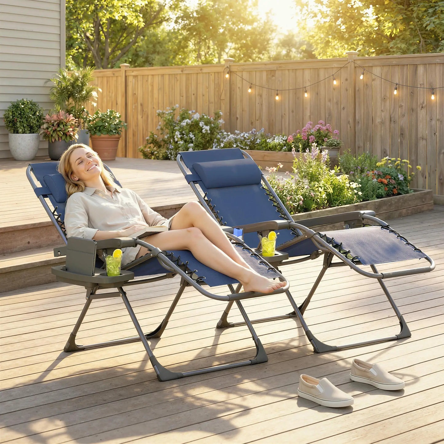 Zero Gravity Chair Set Of 2, Folding Reclining Outdoor Lounge Chair, Dark Blue Lounger Chairs at Gallery Canada