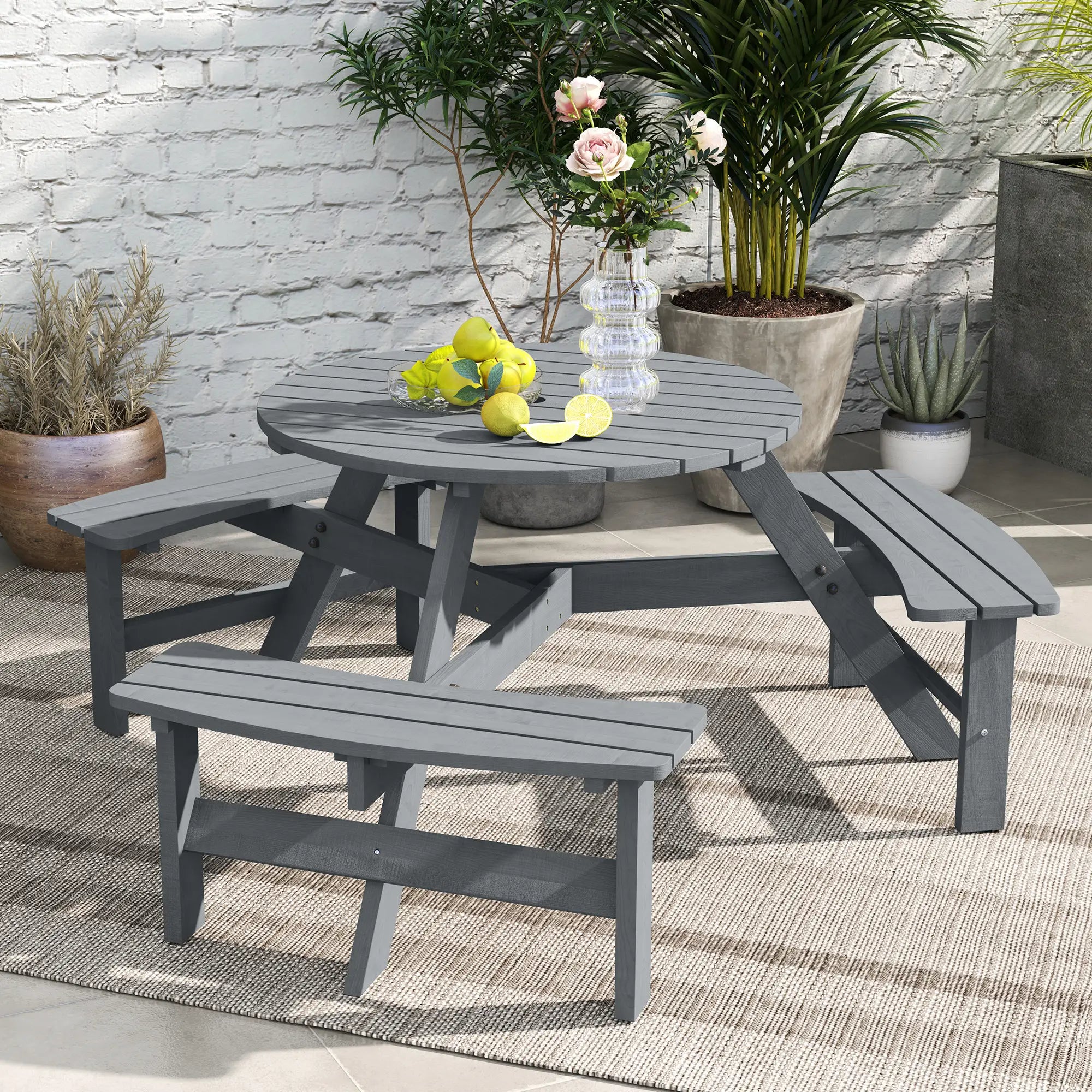 6 Person Round Picnic Table, With Umbrella Hole, 3 Built-in Benches, Grey Outdoor Dining Sets at Gallery Canada