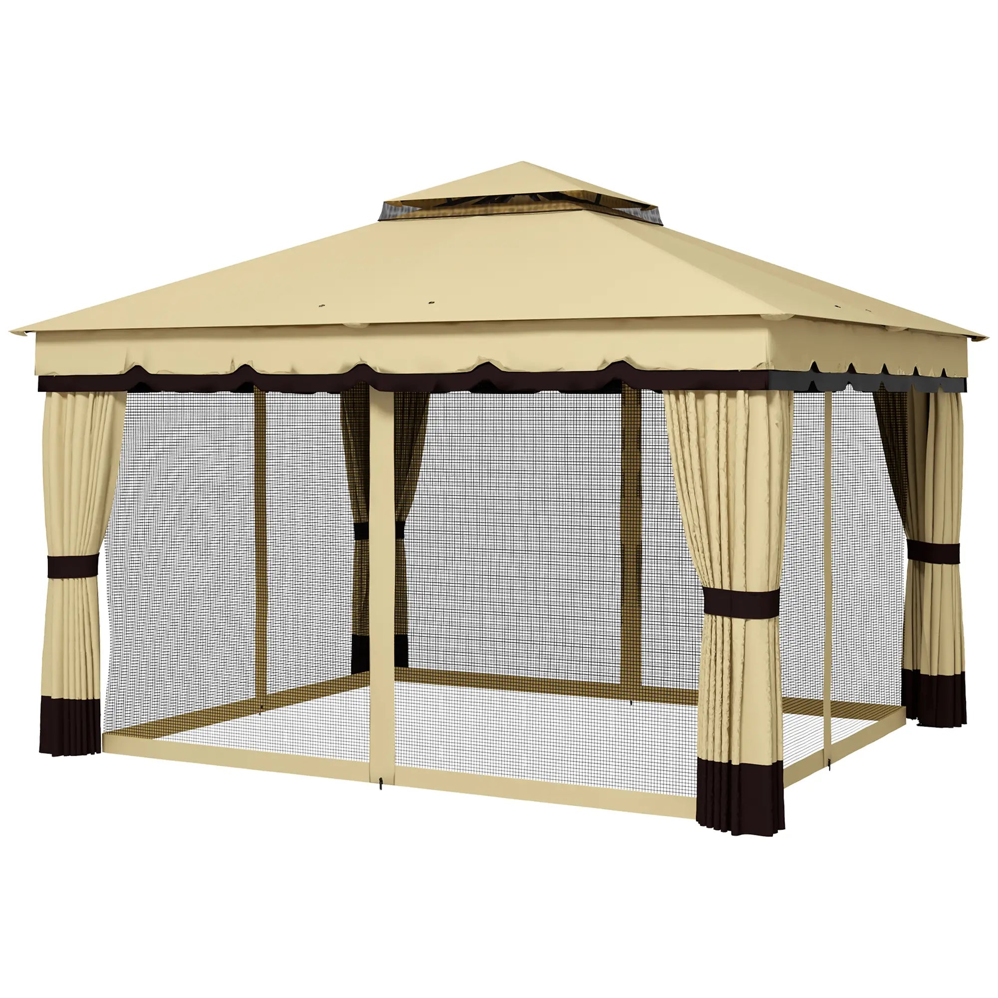 10' x 12' Double Roof Gazebo, Outdoor Canopy with Netting, Curtains Gazebos Beige at Gallery Canada