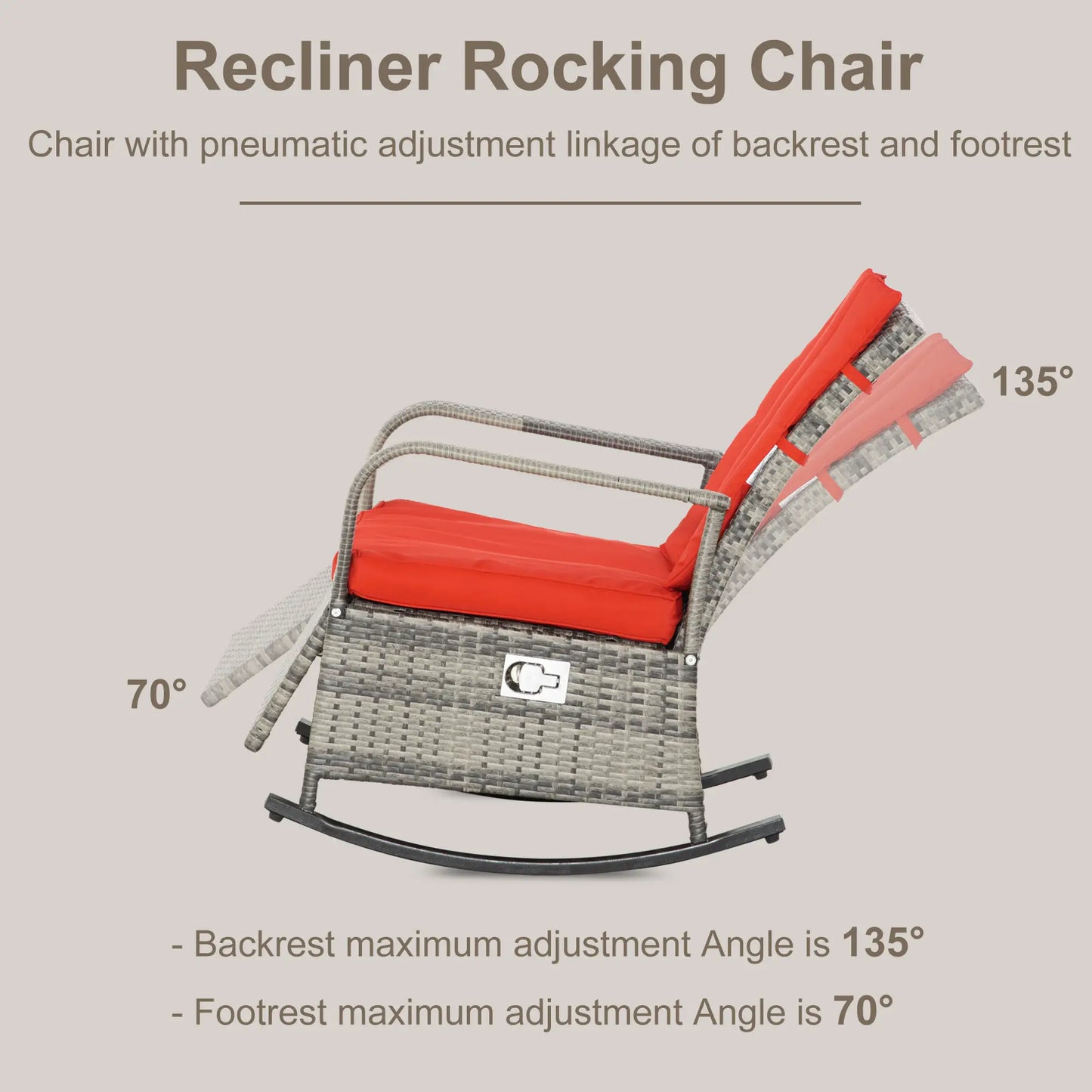 Outdoor Wicker Rocking Chair with Cushion, PE Rattan Recliner, Adjustable Footrest, Red Outdoor Rocking Chairs at Gallery Canada