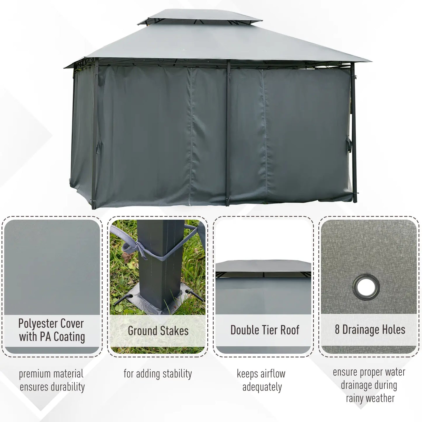 13'L x 10'W x 8.7'H Patio Gazebo, 2-Tiers Garden Canopy, Grey Gazebos at Gallery Canada