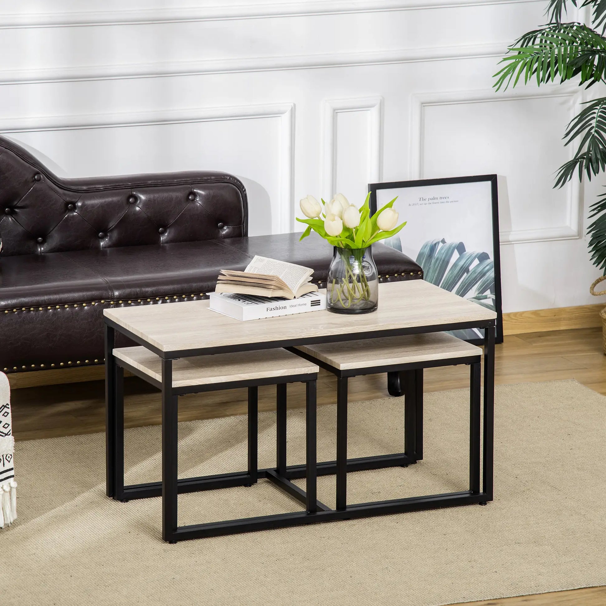 Nesting Coffee Table Set of 3, Metal Frame, Natural, Black Coffee Tables at Gallery Canada