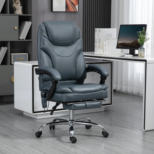 6 Point Vibration Massage Office Chair, PU Leather, Heated, Reclining, Grey