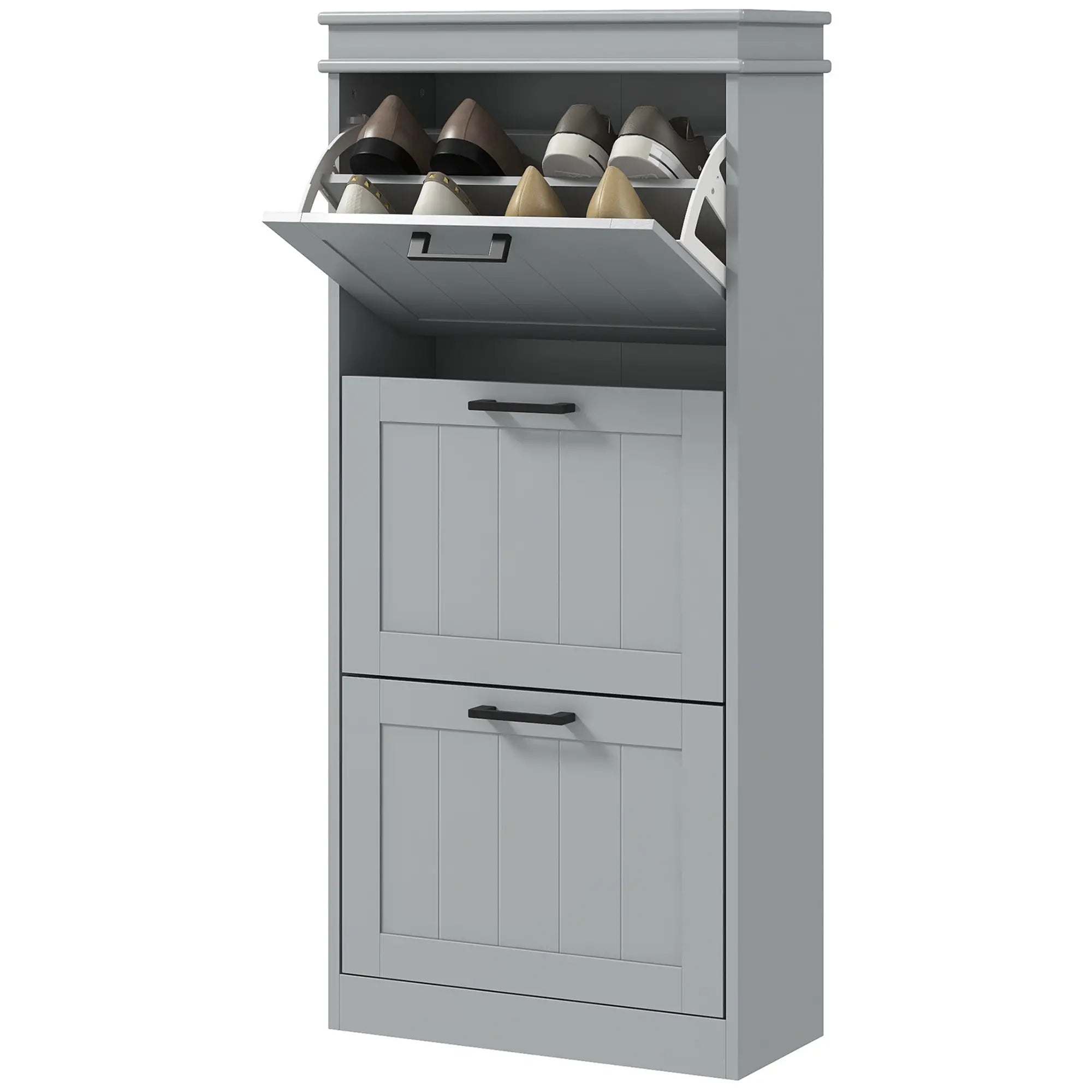 Slim Shoe Cabinet with 3 Flip Drawers and Adjustable Shelves, Narrow Shoe Cabinet for 15 Pairs of Shoes, Grey Shoe Storage Cabinets & Racks Grey at Gallery Canada