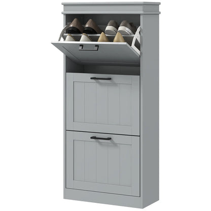 Slim Shoe Cabinet with 3 Flip Drawers and Adjustable Shelves, Narrow Shoe Cabinet for 15 Pairs of Shoes, Grey Shoe Storage Cabinets & Racks Grey at Gallery Canada