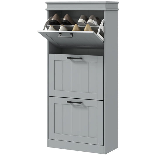 Slim Shoe Cabinet with 3 Flip Drawers and Adjustable Shelves, Narrow Shoe Cabinet for 15 Pairs of Shoes, Grey Shoe Storage Cabinets & Racks Grey at Gallery Canada