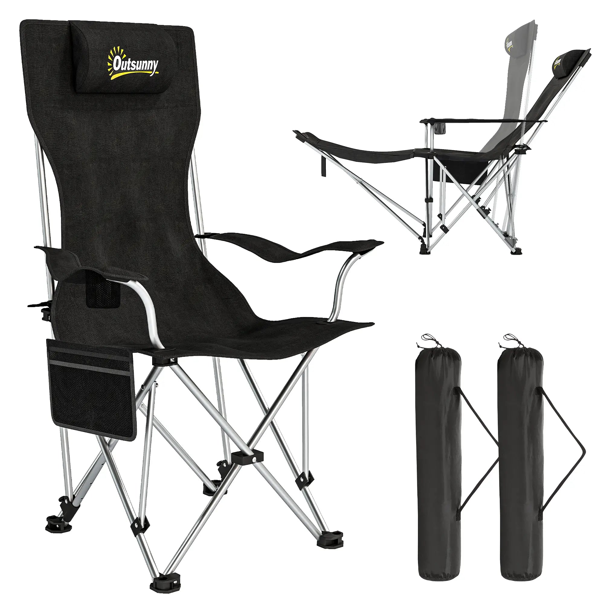 Set of 2 Reclining Camping Chairs with Foot Rest, Headrest, Cup Holder, Storage Bag, Black Picnic Tables & Camping Chairs at Gallery Canada