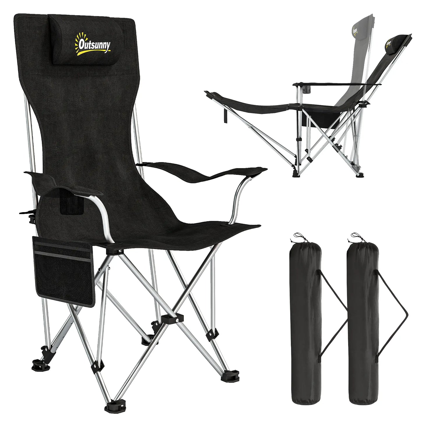 Set of 2 Reclining Camping Chairs with Foot Rest, Headrest, Cup Holder, Storage Bag, Black Picnic Tables & Camping Chairs at Gallery Canada