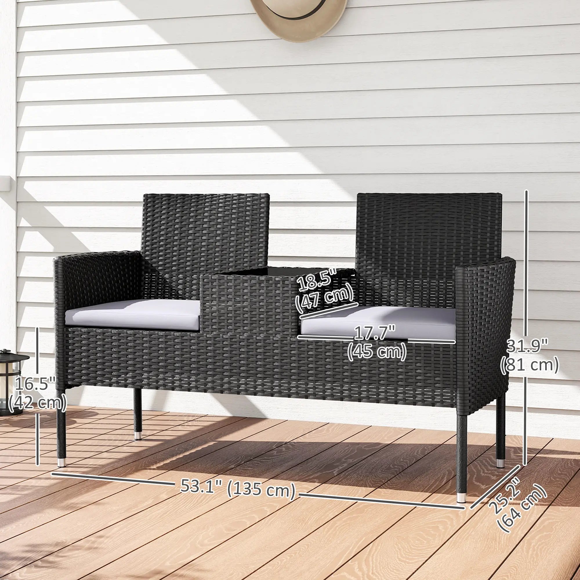 PE Rattan Loveseat with Cushion, Mid-Table, Light Grey Patio Chairs at Gallery Canada