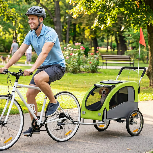2 in 1 Dog Bike Trailer, Foldable Pet Stroller, Dog Bicycle Trailer with Suspension, Universal Bicycle Coupler, Green Dog Bike Trailers & Strollers Grey, Green at Gallery Canada