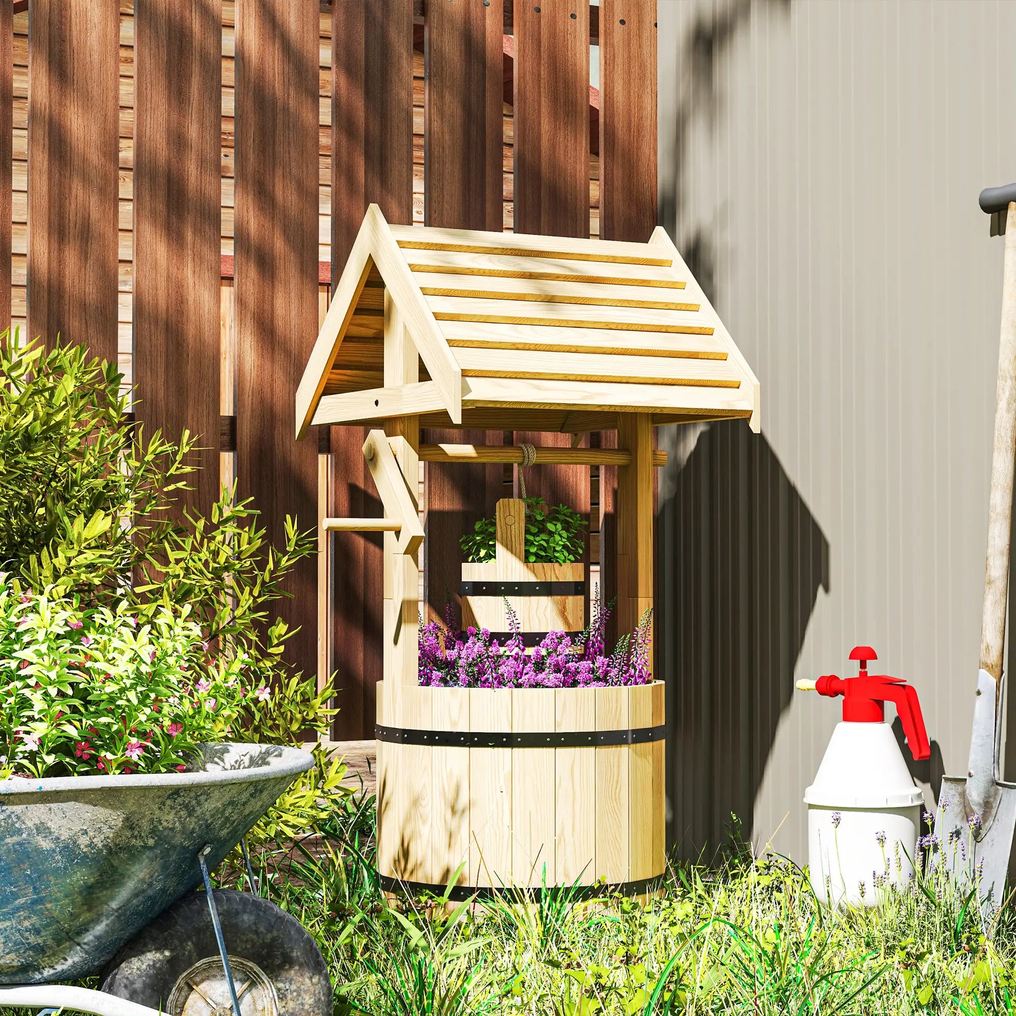 Wood Wishing Well Planter With Hanging Bucket, Natural Water Fountains at Gallery Canada