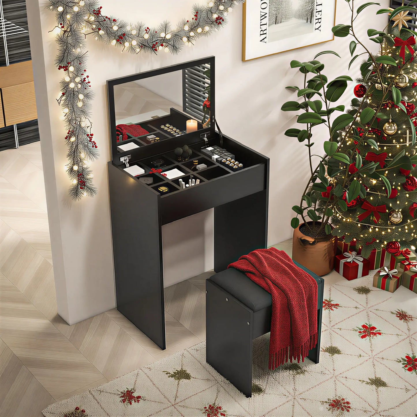 Ensemble de coiffeuse moderne, table de maquillage avec tabouret rembourré, miroir rabattable, noir