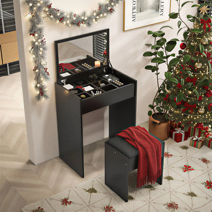 Ensemble de coiffeuse moderne, table de maquillage avec tabouret rembourré, miroir rabattable, noir