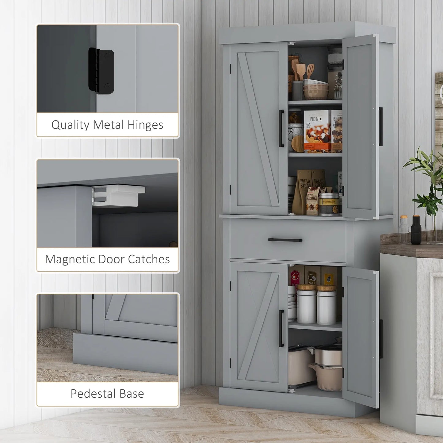 72" Kitchen Storage Cabinet, Farmhouse Pantry, 4 Barn Doors, Drawer, Adjustable Shelves, Grey Kitchen Pantry Cabinets at Gallery Canada