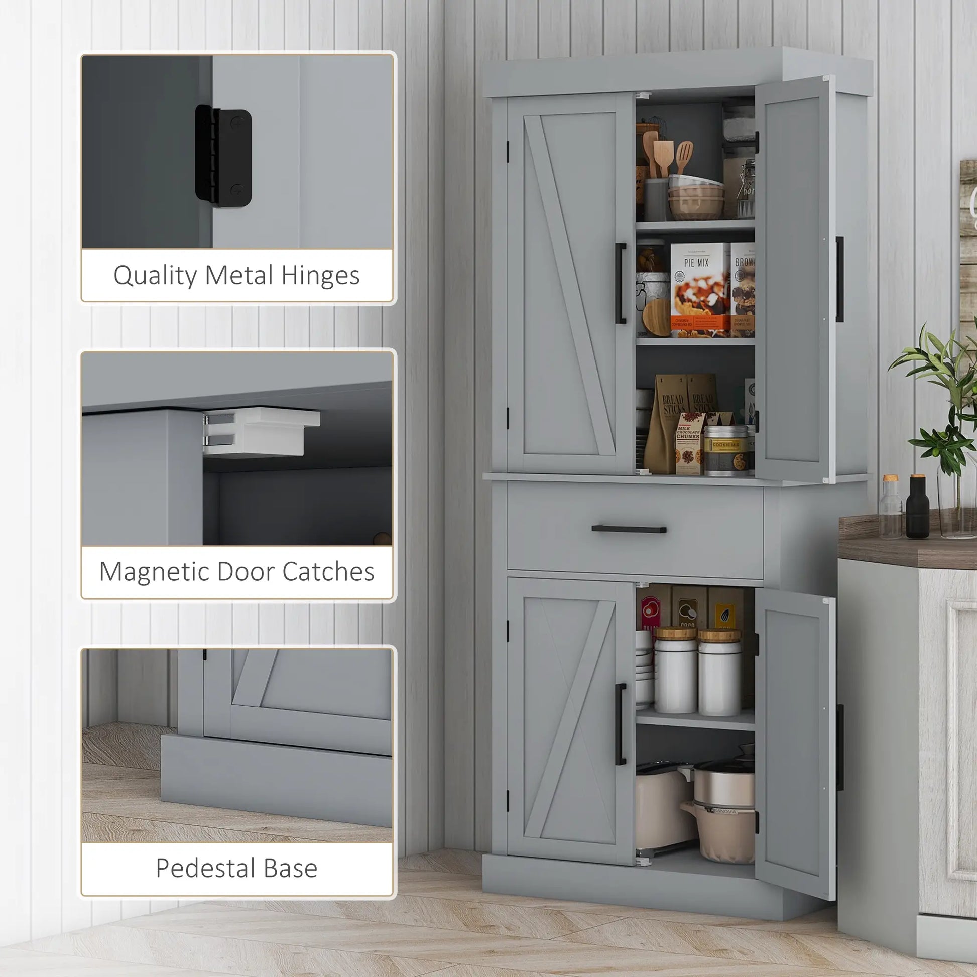72" Kitchen Storage Cabinet, Farmhouse Pantry, 4 Barn Doors, Drawer, Adjustable Shelves, Grey Kitchen Pantry Cabinets at Gallery Canada