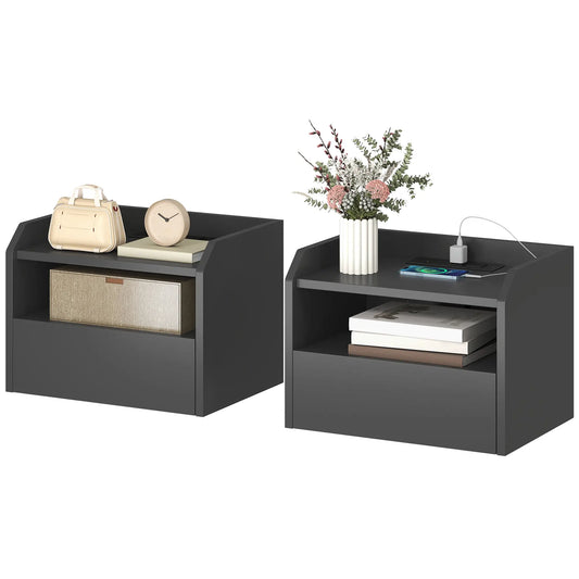 Wall Mounted Bedside Table, Set of 2 with Charging Station, Black Bedside Tables Black at Gallery Canada