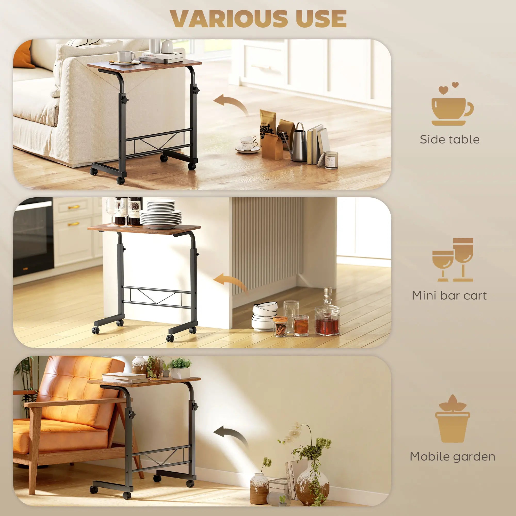 Mobile Standing Desk, Adjustable Height, 23.5 Inch, Rustic Brown, Brown Side Tables at Gallery Canada