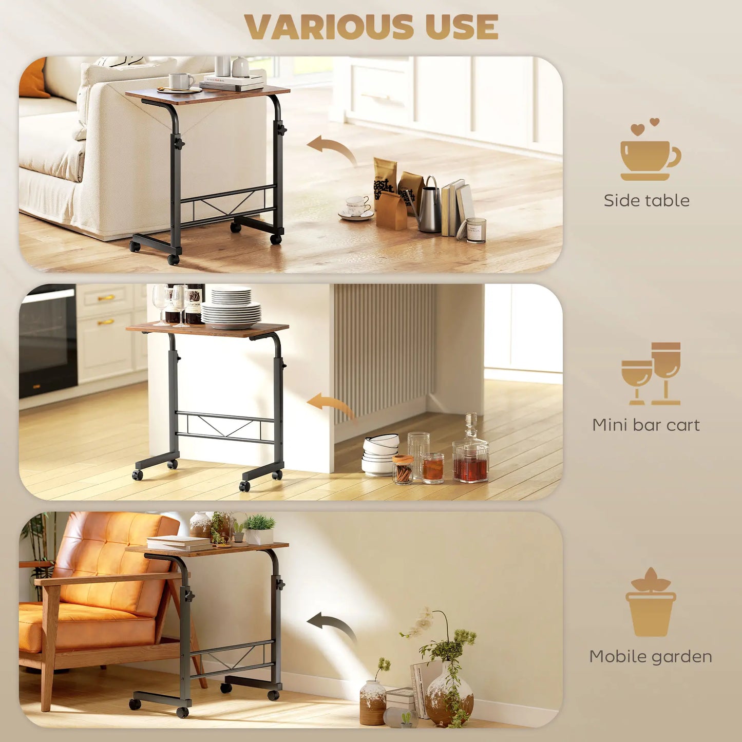 Mobile Standing Desk, Adjustable Height, 23.5 Inch, Rustic Brown, Brown Side Tables at Gallery Canada